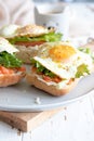 Sandwiches with cream cheese, fresh green salad, salmon and baked egg Royalty Free Stock Photo