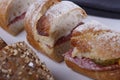 Sandwiches cutted into peaces with different breads and fillings