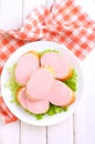 Sandwiches with doctoral sausage in a white plate