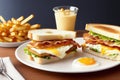 Sandwiches with egg, ham and toast cheese fried in a pan, generative ai, tasty breakfast Royalty Free Stock Photo