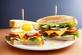 Sandwiches with egg, ham and toast cheese fried in a pan, generative ai, tasty breakfast Royalty Free Stock Photo