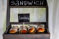 Sandwiches on event catering. Street food ready to serve on a food stall Royalty Free Stock Photo