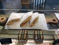 Sandwiches in food court gastronomic center in Zaryadie park, Moscow. Food, court.
