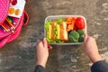 Sandwiches, fruits and vegetables in food box, backpack on old wooden background. Concept of child eating at school. Royalty Free Stock Photo