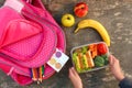 Sandwiches, fruits and vegetables in food box, backpack on old wooden background. Concept of child eating at school. Royalty Free Stock Photo