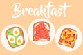 Sandwiches. Healthy breakfast in round plates. Dining table top view. Appetizing bruschetta with salmon, eggs and tomato