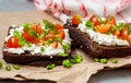 Sandwiches with healthy rye bread, feta and green onions Royalty Free Stock Photo