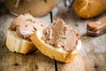 Sandwiches with homemade chicken liver pate for breakfast Royalty Free Stock Photo