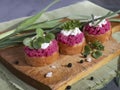 sandwiches with horseradish, spices and herbs on a wooden stand and napkin