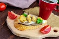 Sandwiches with mushrooms, turkey liver and tartar sauce on crispy baguette and a cup of coffee. Royalty Free Stock Photo