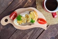 Sandwiches with mushrooms, turkey liver and tartar sauce on crispy baguette and a cup of coffee. Royalty Free Stock Photo