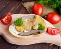 Sandwiches with mushrooms, turkey liver and tartar sauce on crispy baguette. Royalty Free Stock Photo