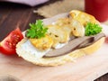 Sandwiches with mushrooms, turkey liver and tartar sauce on crispy baguette. Royalty Free Stock Photo