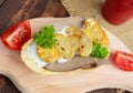 Sandwiches with mushrooms, turkey liver and tartar sauce on crispy baguette. Royalty Free Stock Photo