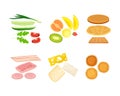 Sandwiches and pancakes constructors set. Meat, cheese, vegetables and fruit sliced ingredients cartoon vector Royalty Free Stock Photo