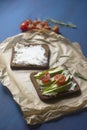 Sandwiches for picnic with ricotta, avocado, cherry tomatoes and cucumbers still-life, on blue rustic background