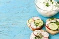 Sandwiches with radish and sour cream sauce