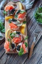 Sandwiches with red, black caviar and trout Royalty Free Stock Photo