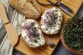 Sandwiches with red cabbage sprouts and cottage cheese