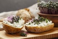 Sandwiches with red cabbage sprouts and cottage cheese