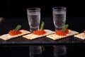 Sandwiches with red caviar with butter and a leaf of mint from cracker with glasses of vodka on a slate plate on a dark background