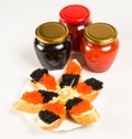 Sandwiches with red salmon caviar and black sturgeon caviar on a white plate. Royalty Free Stock Photo