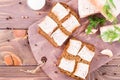 Sandwiches from rye bread and salted bacon on a cutting board Royalty Free Stock Photo