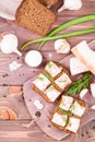 Sandwiches from rye bread, salted bacon, radish and dill Royalty Free Stock Photo