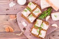 Sandwiches from rye bread, salted bacon, radish and dill Royalty Free Stock Photo