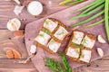 Sandwiches from rye bread, salted bacon, radish and dill Royalty Free Stock Photo