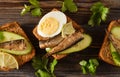 Sandwiches with rye bread, sprats, fresh cucumber, boiled eggs and parsley, top view