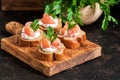 Sandwiches with salmon. Canape with red fish, rye bread, soft cheese, parsley and spices. Selective focus. Royalty Free Stock Photo