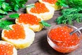 Sandwiches with salmon red caviar and herbs Royalty Free Stock Photo