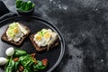Sandwiches with sardines, egg, cucumber and cream cheese, salad garnish with spinach and dried tomatoes. Black background. Top Royalty Free Stock Photo