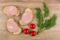 Sandwiches with sausage, tomato cherry and dill on wooden table Royalty Free Stock Photo