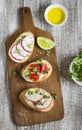 Sandwiches with soft cheese, cherry tomatoes and radishes - healthy snack Royalty Free Stock Photo