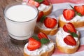 Sandwiches with soft cheese and fresh strawberries and milk Royalty Free Stock Photo