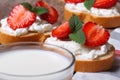 Sandwiches with soft cheese, strawberries and a glass of milk Royalty Free Stock Photo