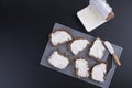 Sandwiches with soft white cheese and grain bread. Healthy breakfast. Black background. Copy space Royalty Free Stock Photo