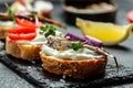 Sandwiches with sprats on toasted bread with fish, fresh tomatoes and onion. Food recipe background. Close up Royalty Free Stock Photo