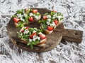 Sandwiches with strawberries, arugula and blue cheese. Delicious snack, breakfast or a snack with wine. Royalty Free Stock Photo