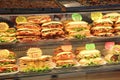 Sandwiches stuffed for sale in the bar in italy with the price Royalty Free Stock Photo