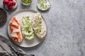 Sandwiches on toast with ingredients, vegetables, radishes, tomatoes, cucumbers and microgreens on gray. View from above Royalty Free Stock Photo