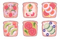 Sandwiches top view. Helthy breakfast products snack with fruits meal exact vector lunch food