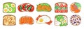 Sandwiches top view. Various product combinations on bread slices, eggs, bacon and vegetables, different toppings toasts