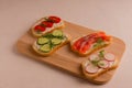 Sandwiches with trout pieces, avocado, radishes. Perfect for breakfast. On a concrete and white background.