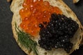 Sandwige with red and black caviar