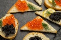 Sandwiges with red and black caviar