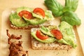 Sandwitches with avocado,basill and tomatoes Royalty Free Stock Photo