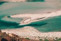 Sandy Balos beach with umbrellas and lagoon with clear blue water at Crete island, Greece. Royalty Free Stock Photo